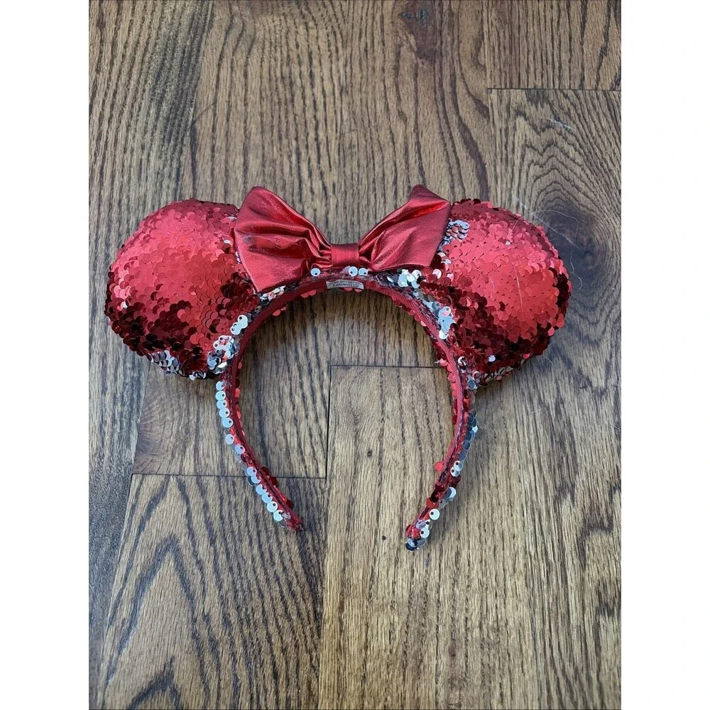 Disney Minnie Mouse Holiday Sequined Ear Headband - Red & Silver With Red Bow